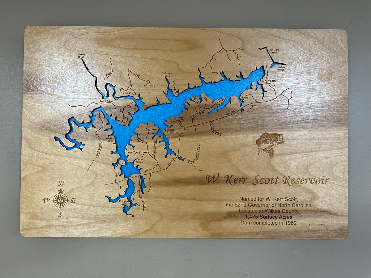 W Kerr Scott Lake, NC Laser Engraved Wood Map Overflow Sale Special