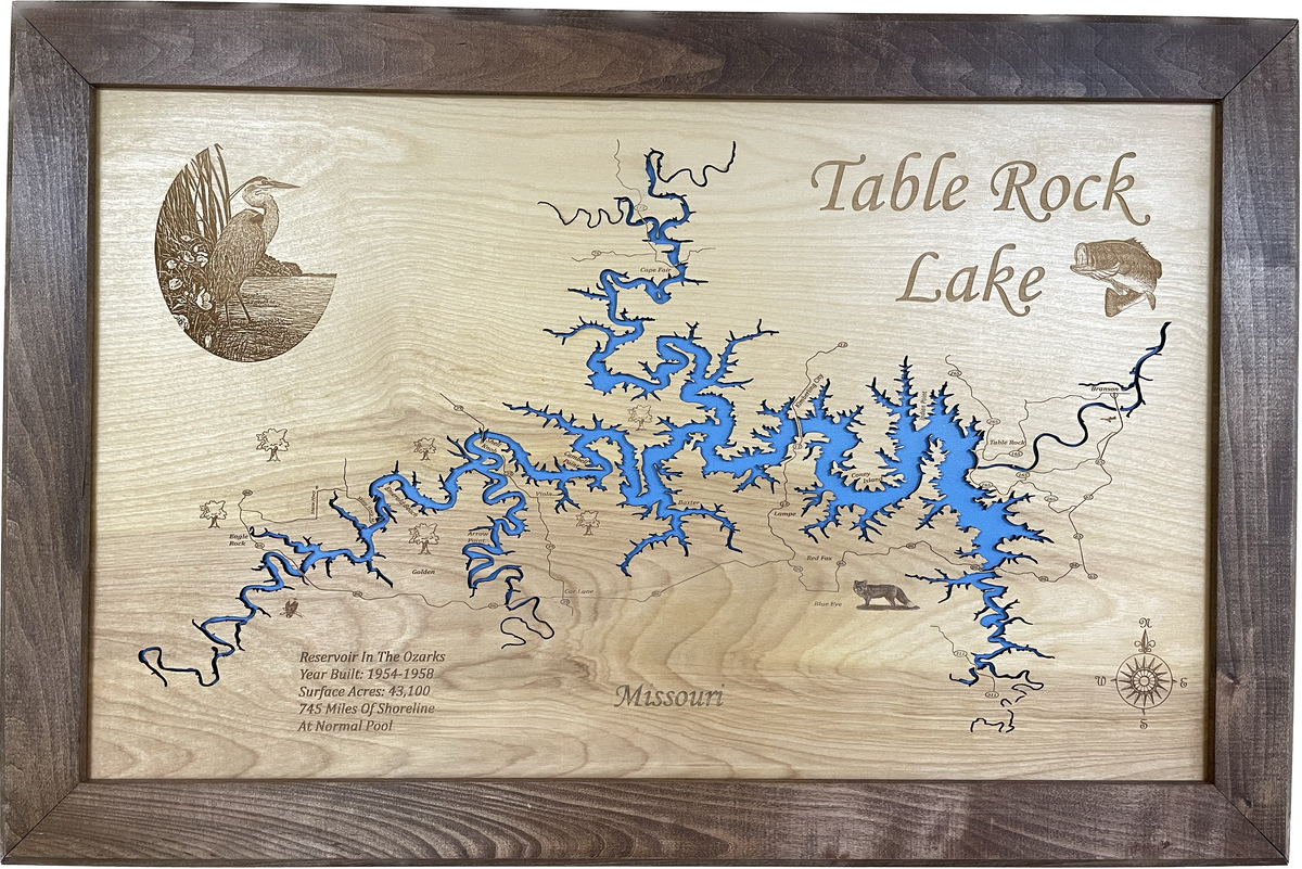 Table Rock Lake, Missouri Laser Engraved Wood Map Overflow Sale Spec