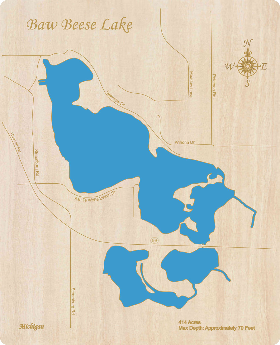 Baw Beese Lake, Michigan Laser Cut Wood Map Personal Handcrafted