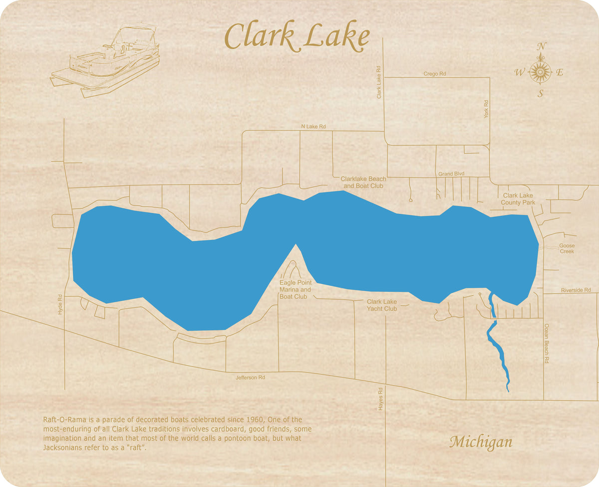 Clark Lake, Michigan - Laser Cut Wood Map