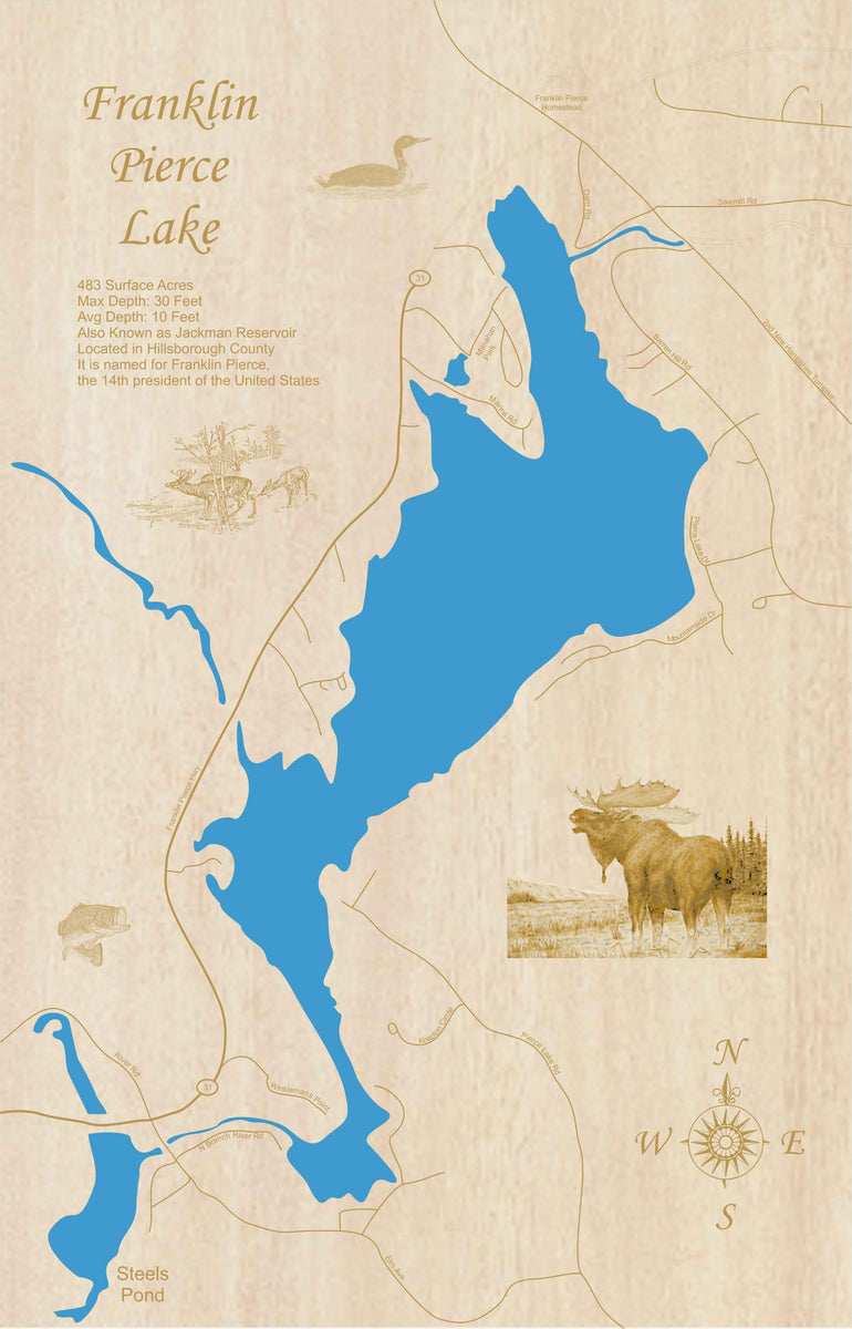 Franklin Pierce Lake, NH Laser Cut Wood Map Personal Handcrafted