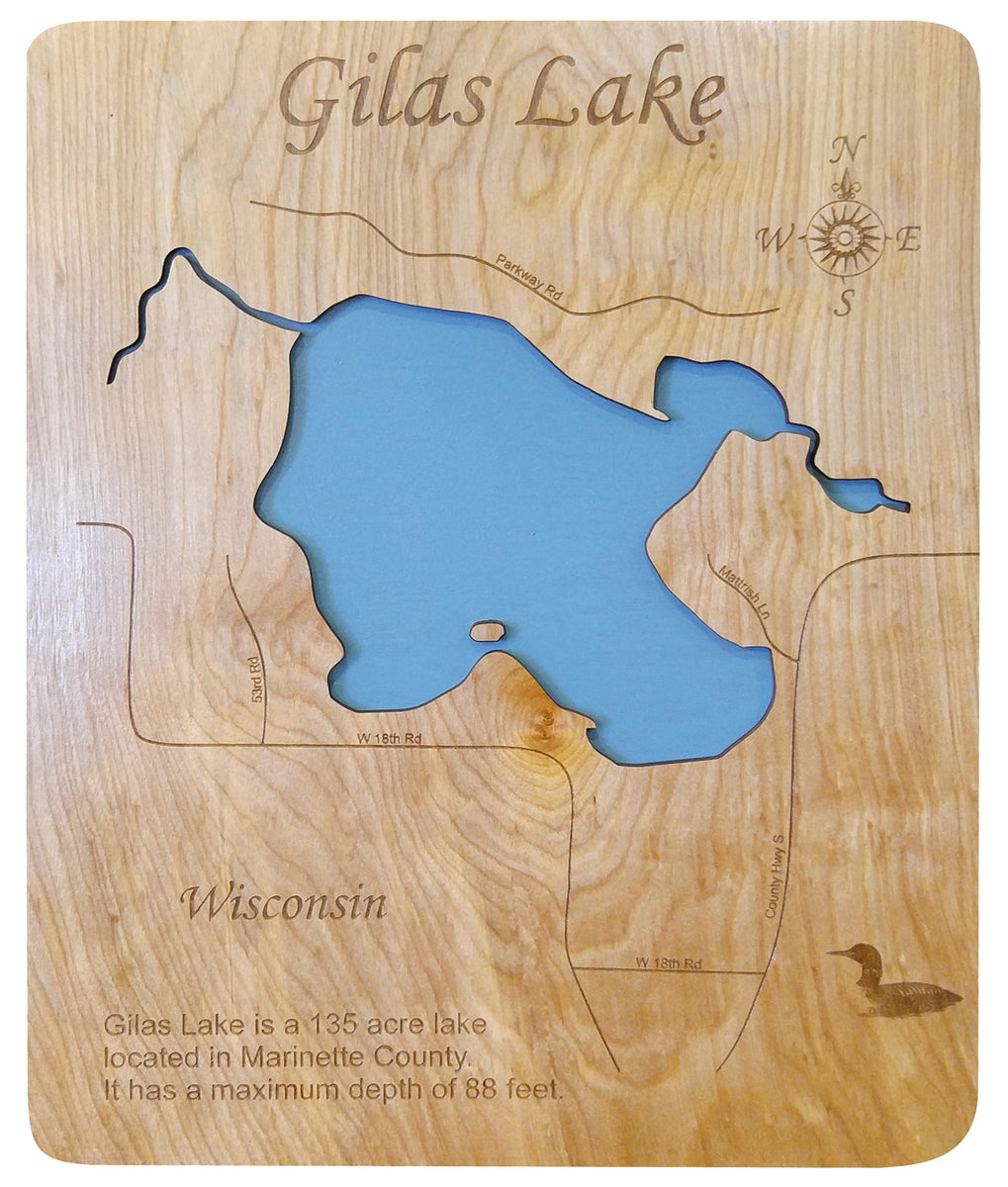 Gilas Lake, Wisconsin Laser Cut Wood Map Personal Handcrafted Displays