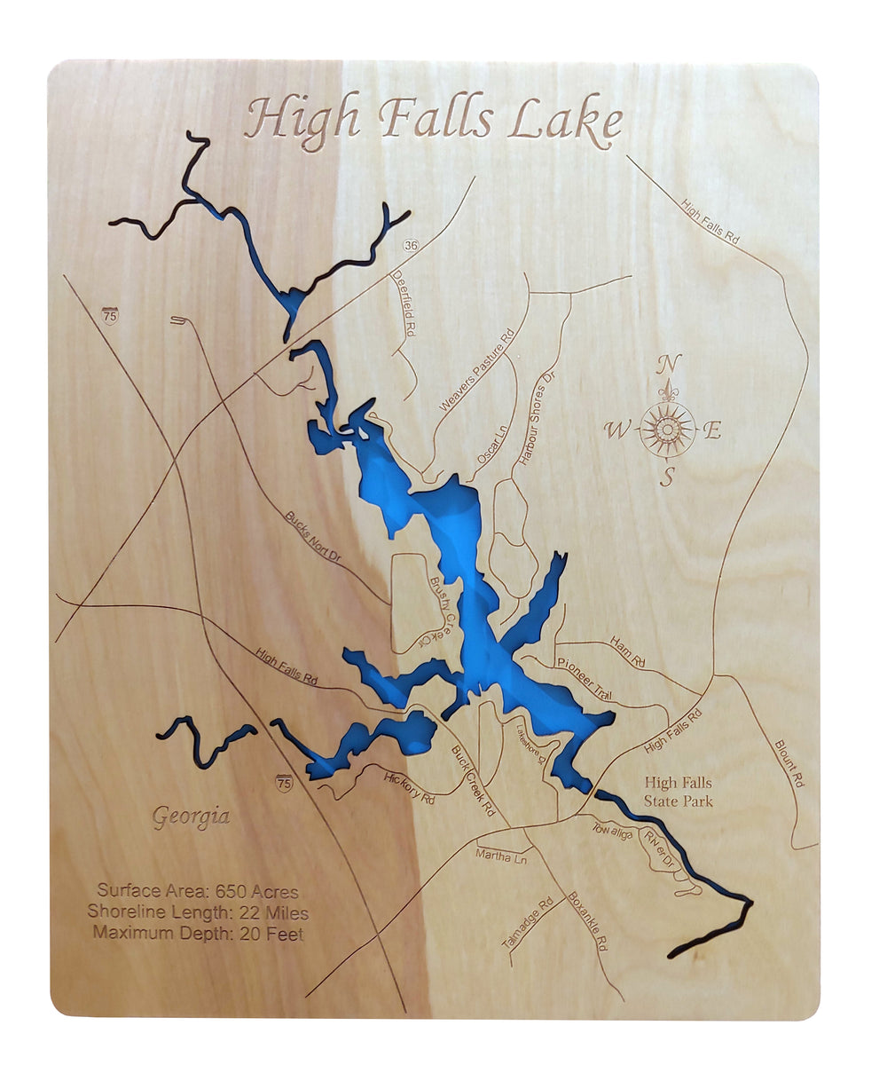 High Falls Lake, Laser Cut Wood Map Personal Handcrafted