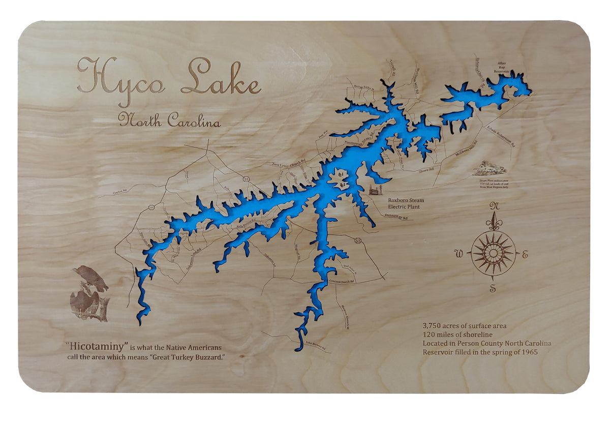Hyco Lake, NC Laser Cut Wood Map Personal Handcrafted Displays