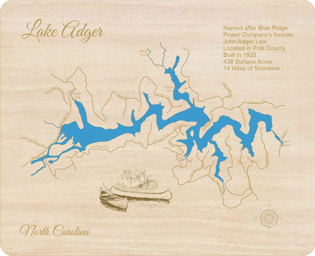 Lake Adger, North Carolina Laser Cut Wood Map Personal Handcrafted