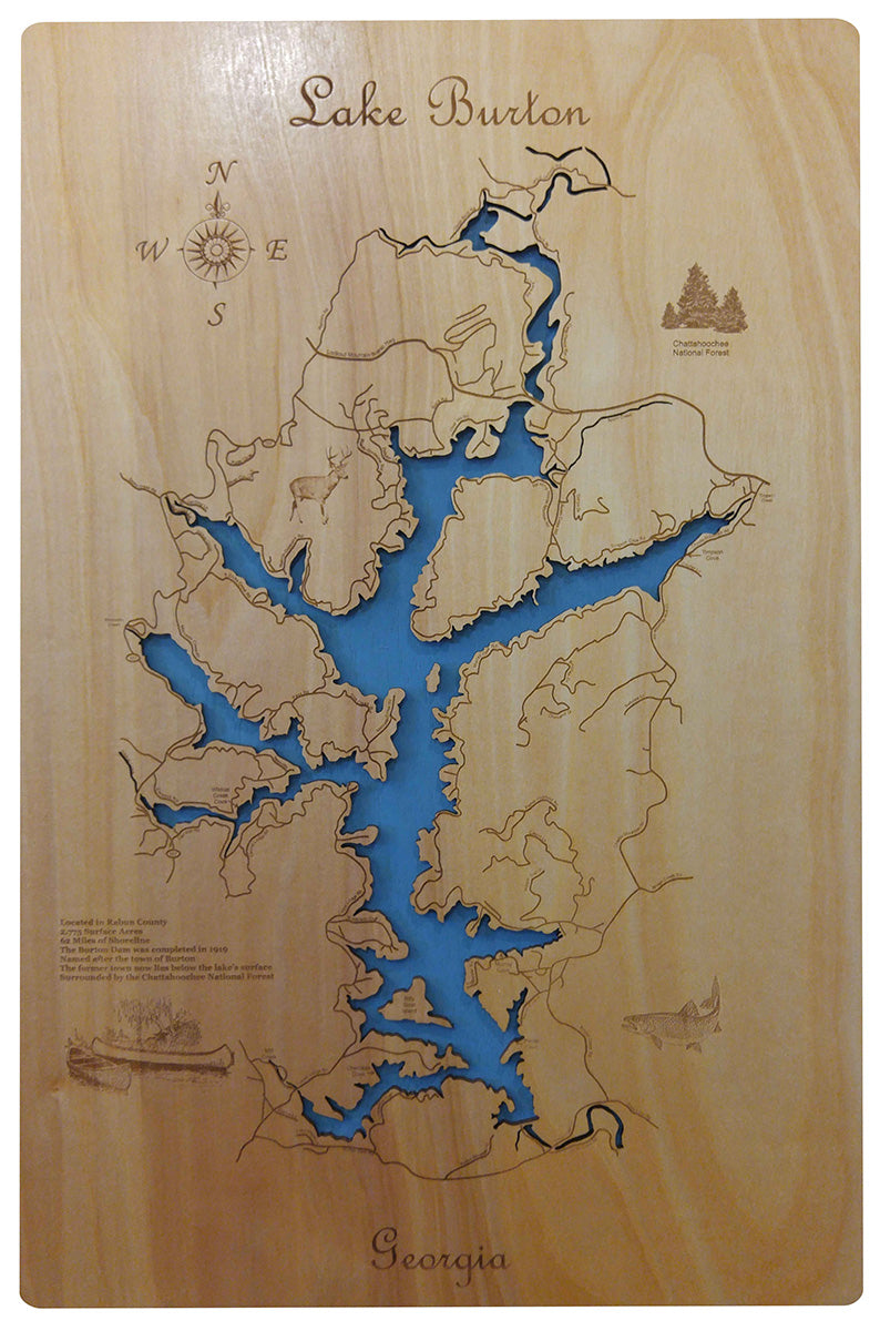 Lake Burton, Laser Cut Wood Map Personal Handcrafted Displays