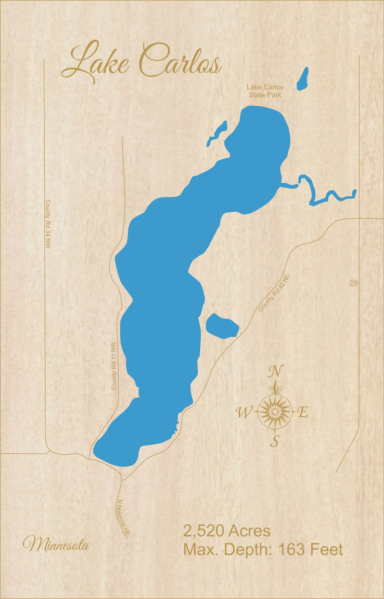 Lake Carlos, Minnesota Laser Cut Wood Map Personal Handcrafted Displays