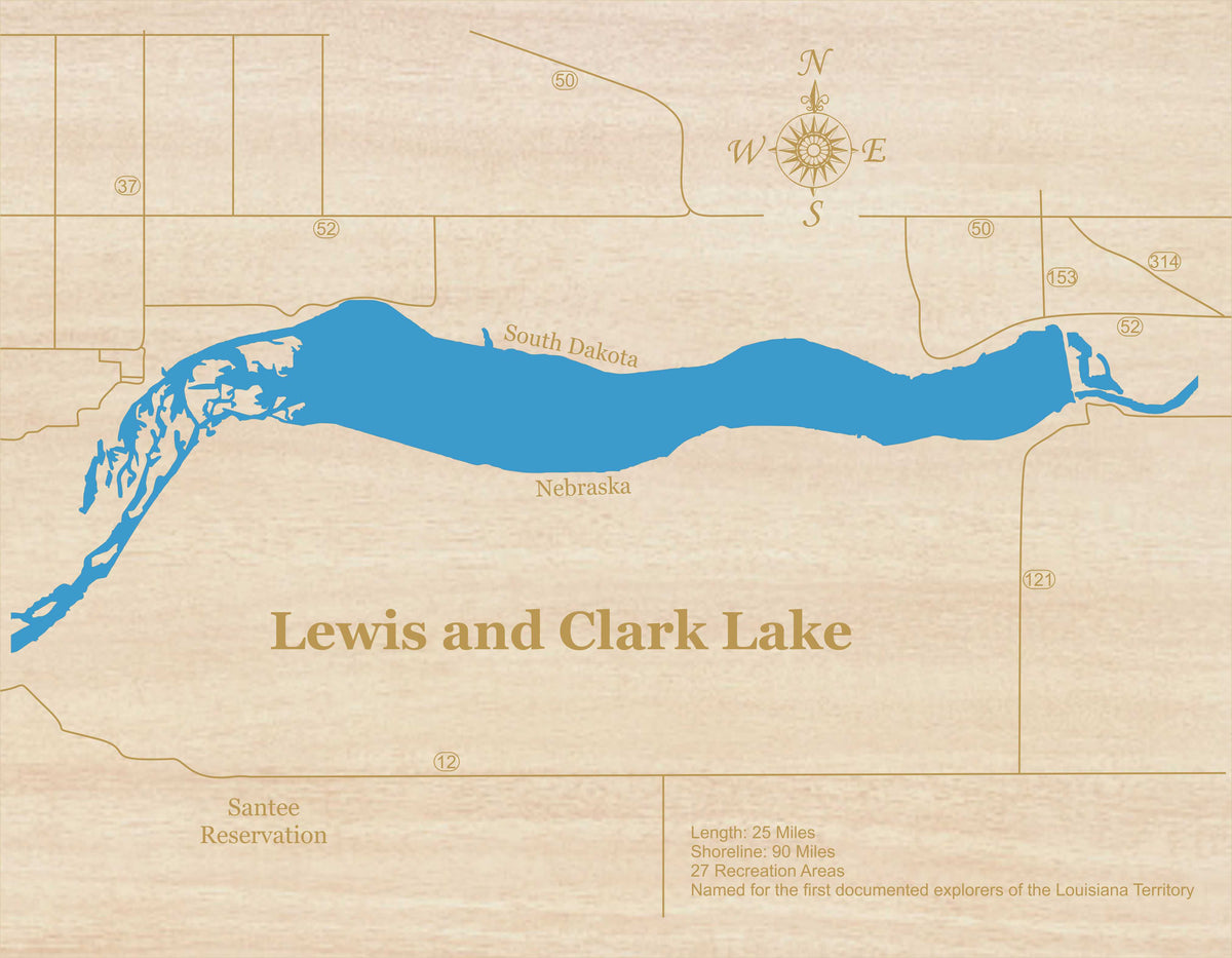 Lewis and Clark Lake, NE/SD Laser Cut Wood Map Personal Handcrafted