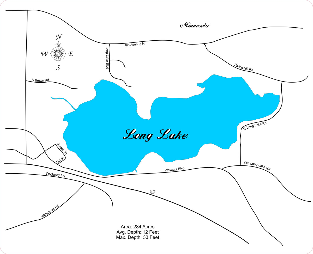 Long Lake, Minnesota (Hennepin County) Laser Cut Wood Map Personal