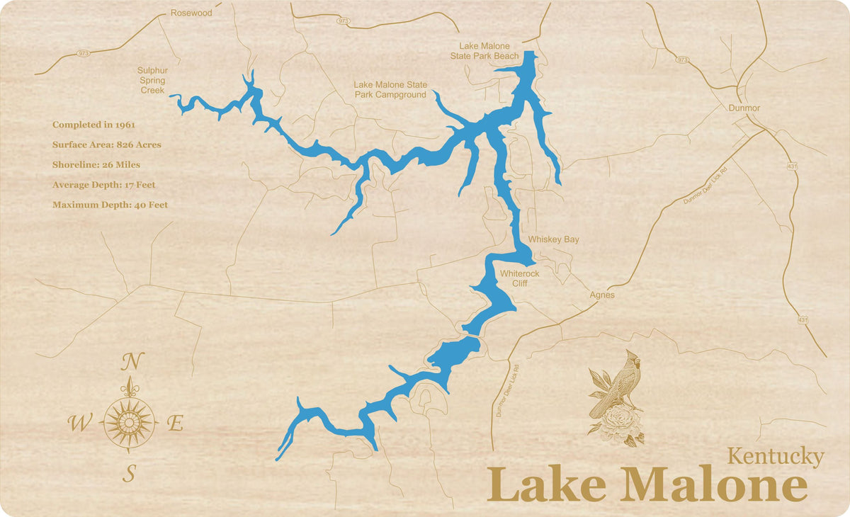 Lake Malone, Kentucky Laser Cut Wood Map Personal Handcrafted Displays
