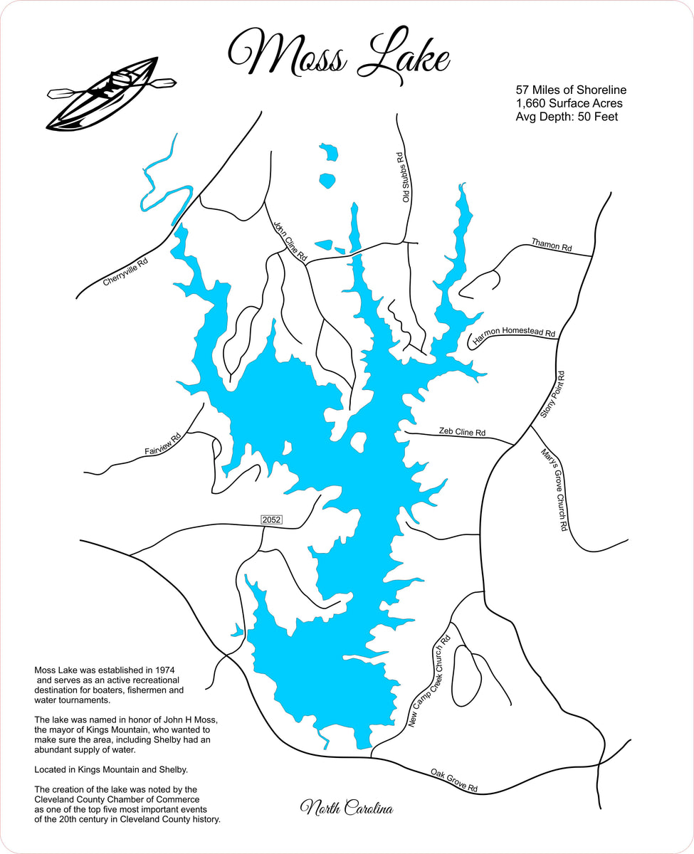 Moss Lake, North Carolina Laser Cut Wood Map Personal Handcrafted