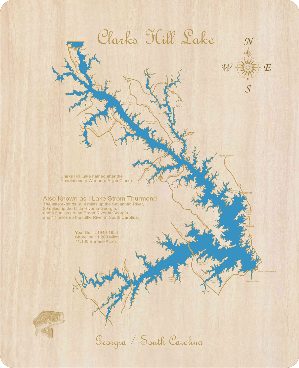 Clarks Hill Lake and South Carolina Laser Cut Wood Map