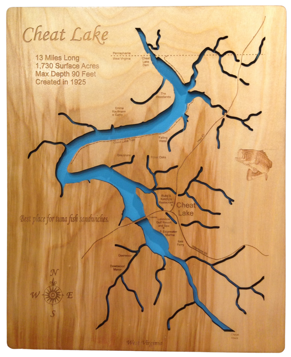 Cheat Lake, West Virginia - Laser Cut Wood Map| Personal