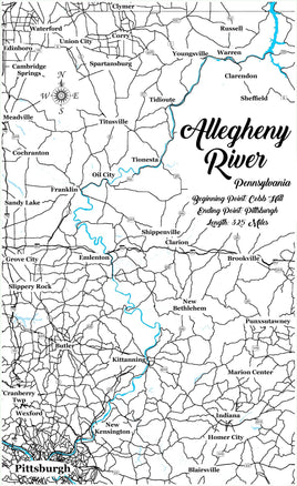 Allegheny River, PA and NY  from Pittsburgh to north boarder- Laser Cut Wood Map