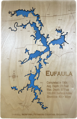 Lake Eufaula, OK  - Laser Engraved Wood Map Overflow Sale Special