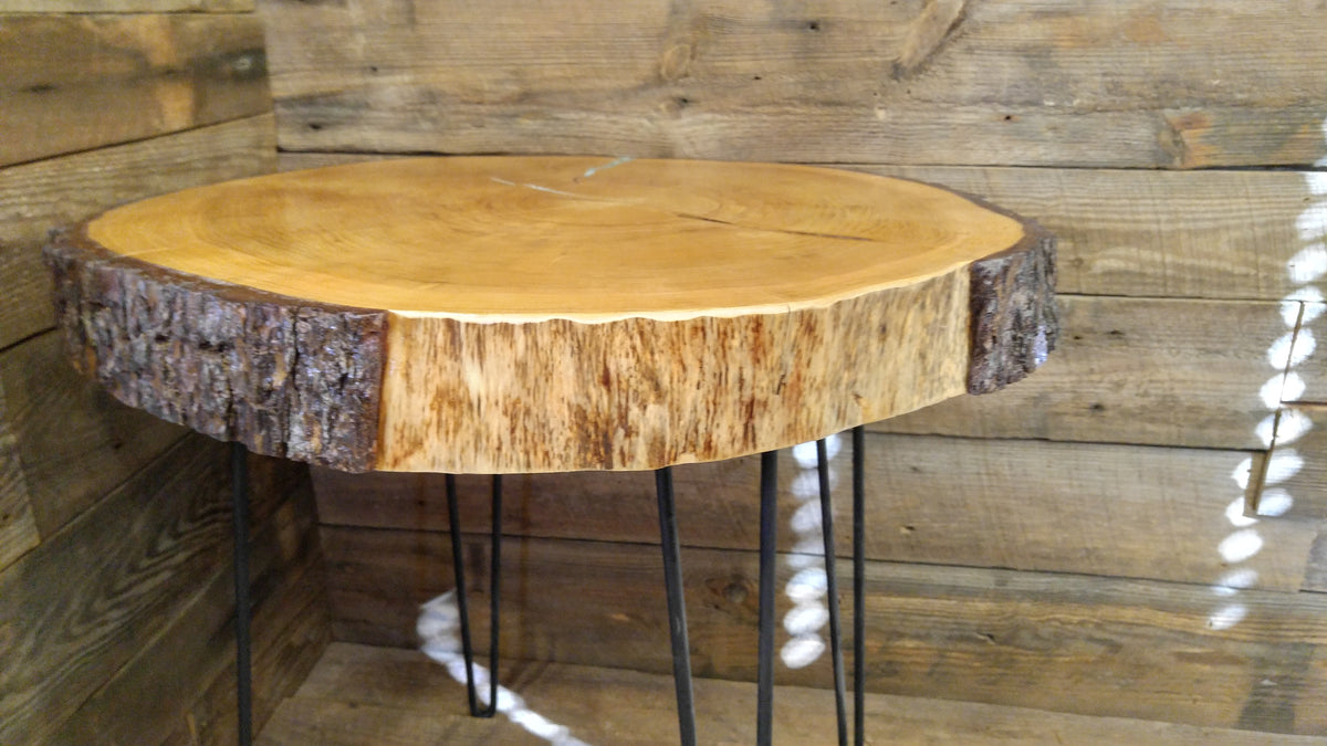 Deodar Cedar Accent Table With Live Edge Bark And Steel Pin Legs Personal Handcrafted Displays 