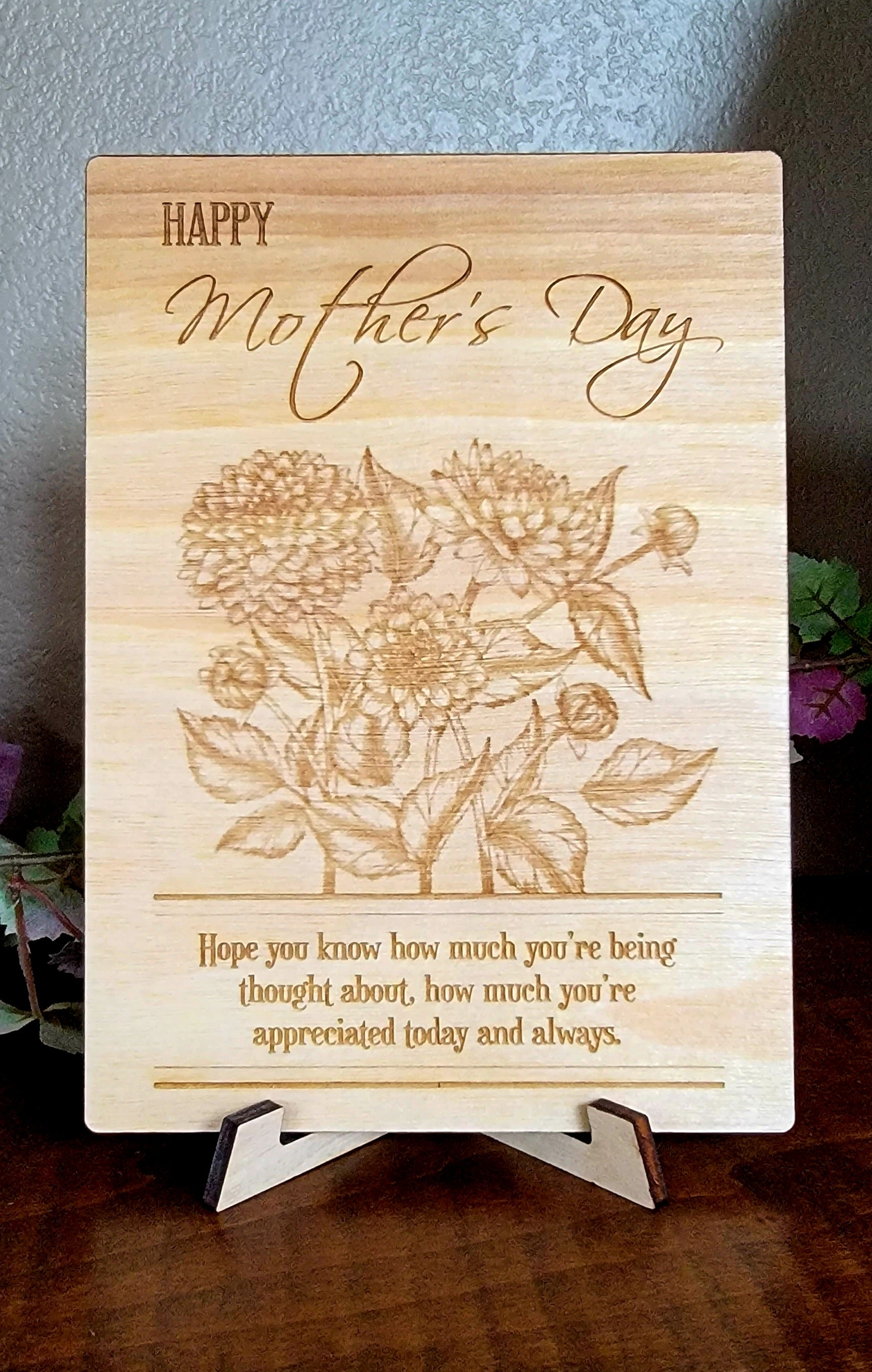 Mother's Day Dahlia laser engraved wood greeting card| Personal