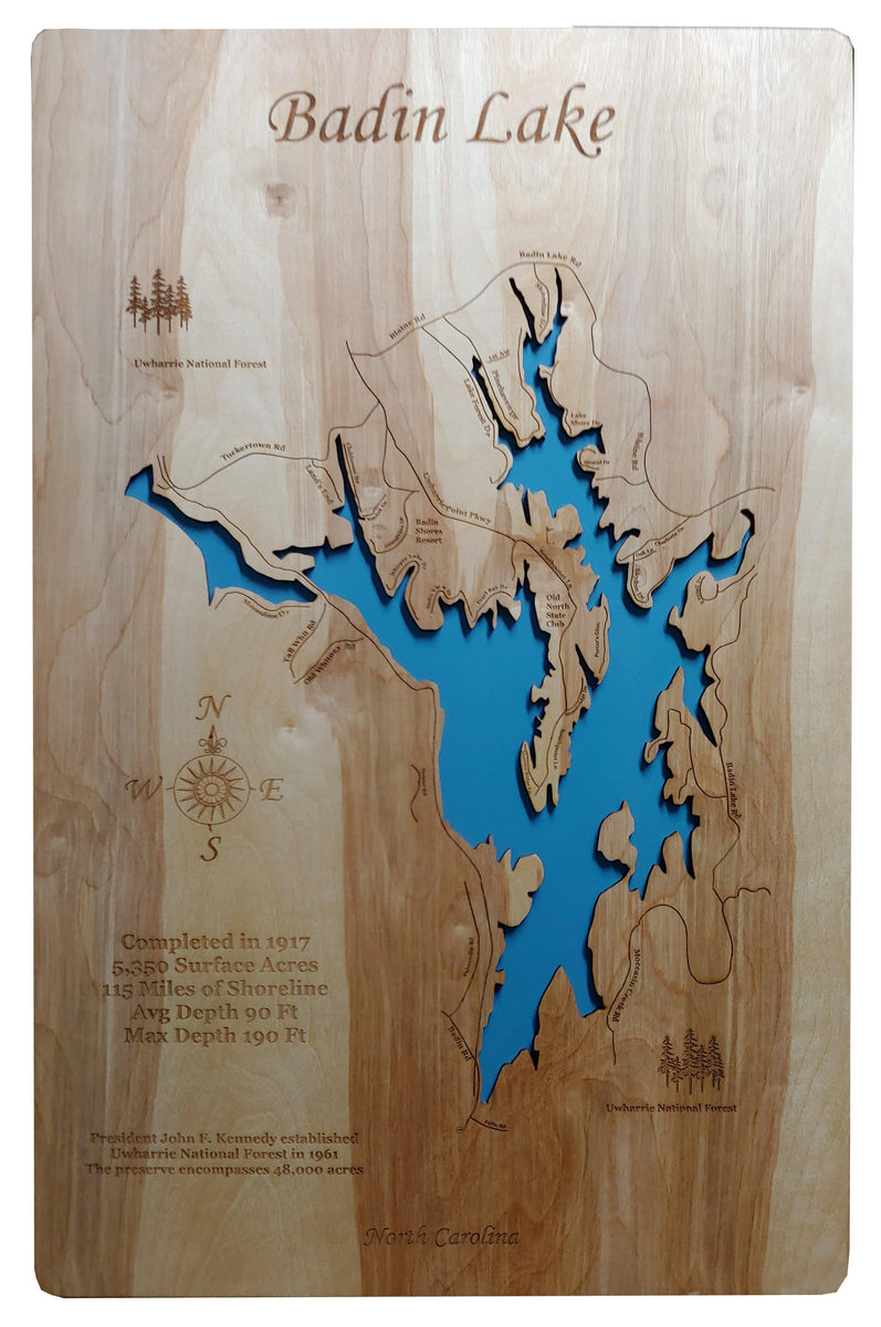 Badin Lake, NC - Laser Cut Wood Map| Personal Handcrafted Displays