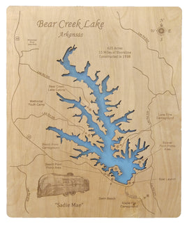 Bear Creek Lake, Arkansas - Laser Cut Wood Map
