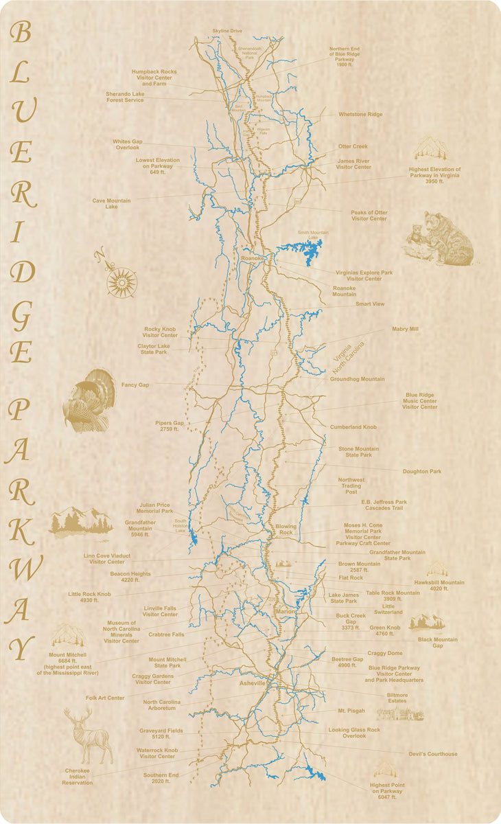 Blue Ridge Parkway - Laser Cut Wood Map| Personal Handcrafted Displays