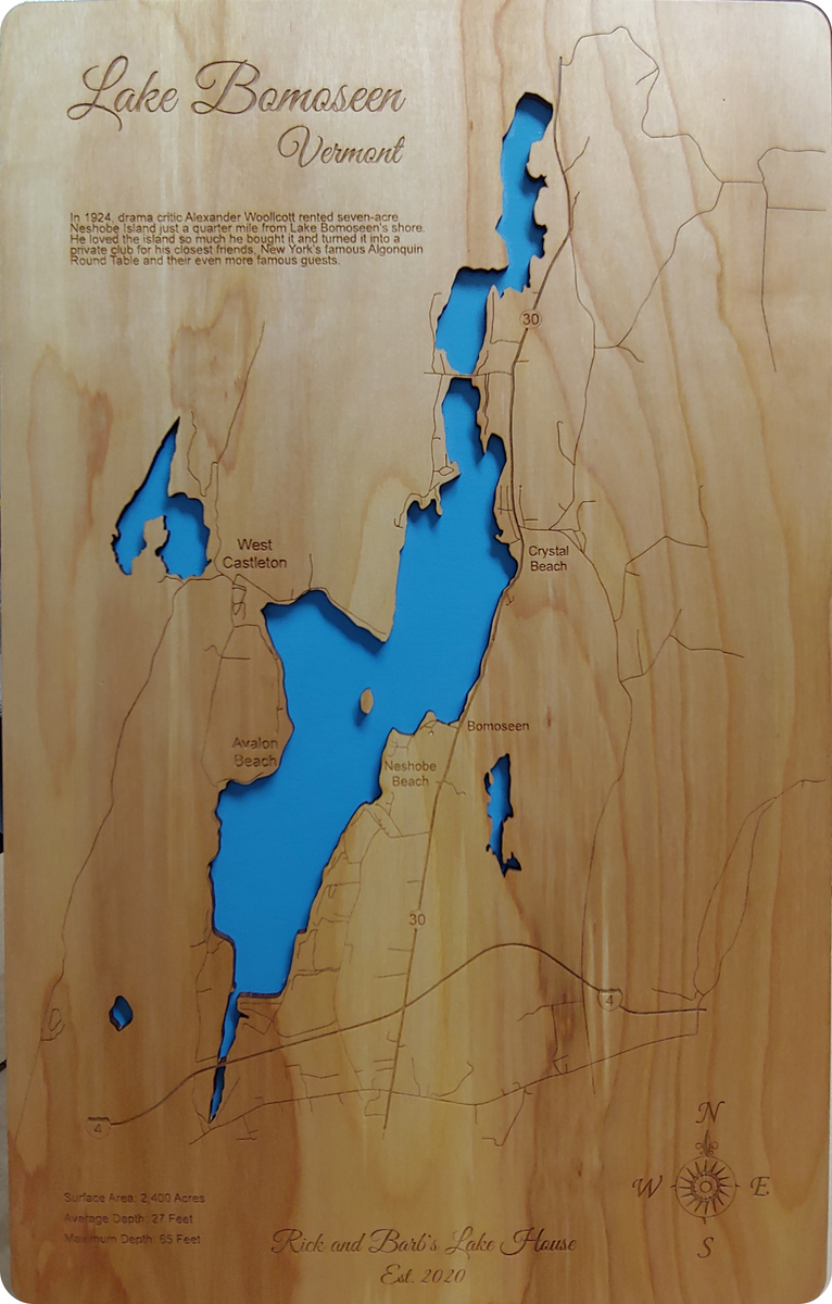 Lake Bomoseen, Vermont- Laser Cut Wood Map| Personal Handcrafted Displays