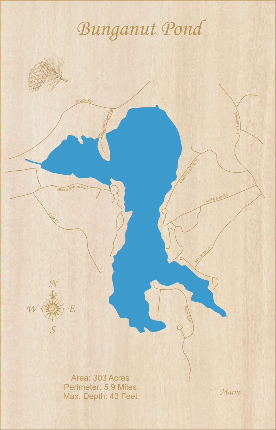Bunganut Pond, Maine Laser Cut Wood Map Personal Handcrafted Displays