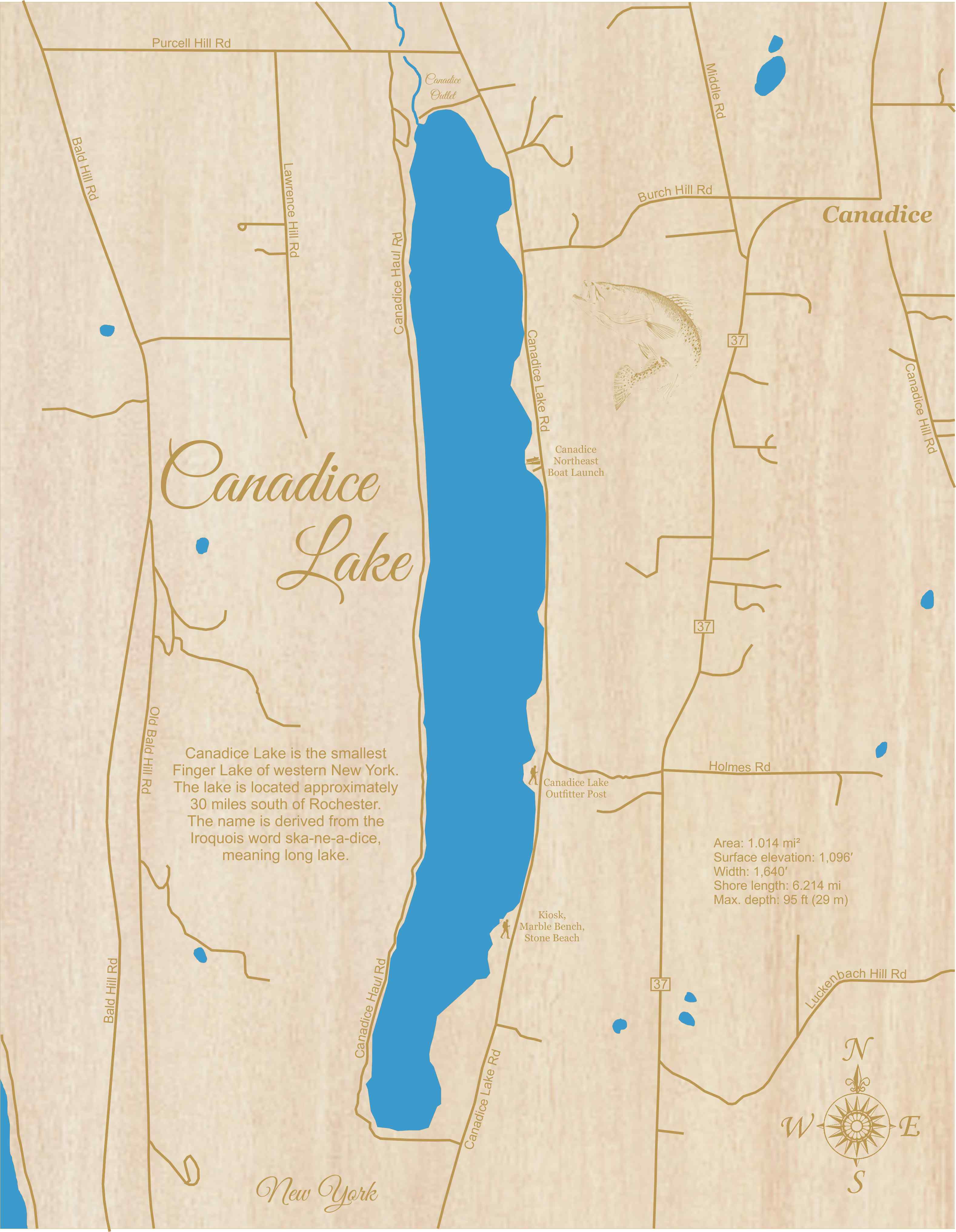 Canadice Lake, NY - Laser Cut Wood Map| Personal Handcrafted Displays