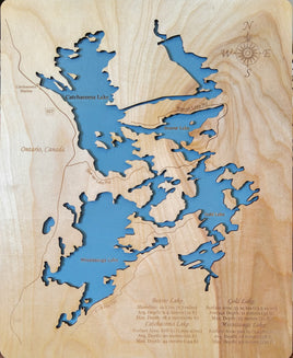 Catchacoma, Beaver, and Mississauga Lakes, Ontario Canada - Laser Cut Wood Map