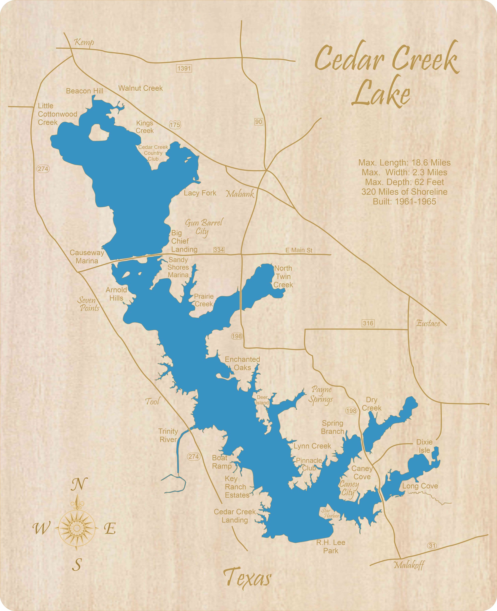 Cedar Creek Lake, Texas - Laser Cut Wood Map| Personal Handcrafted Displays