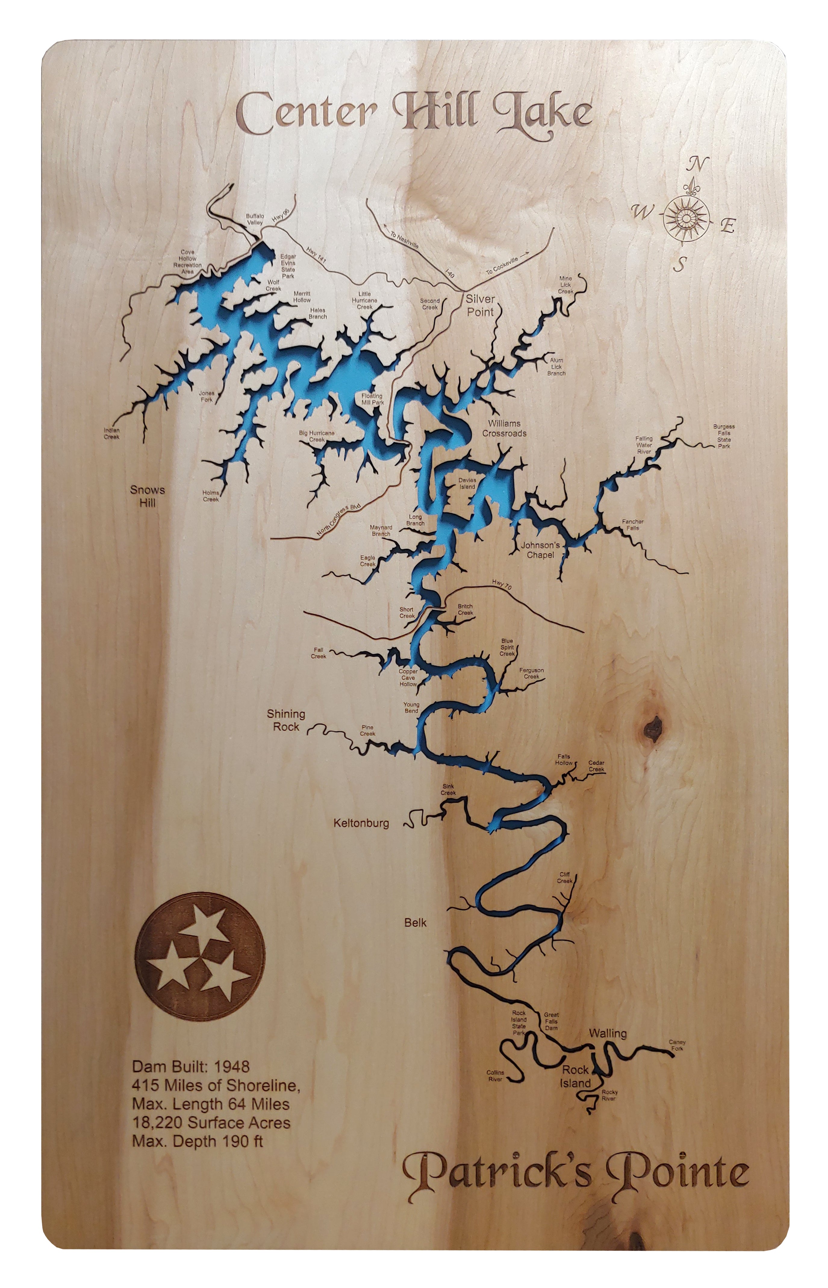 Reelfoot Lake, TN 3D Wood Map | Laser-etched Wood Charts