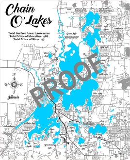 Chain O' Lakes, Illinois - Laser Cut Wood Map
