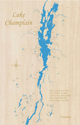 Lake Champlain, VT/NY, USA and Canada - Laser Cut Wood Map