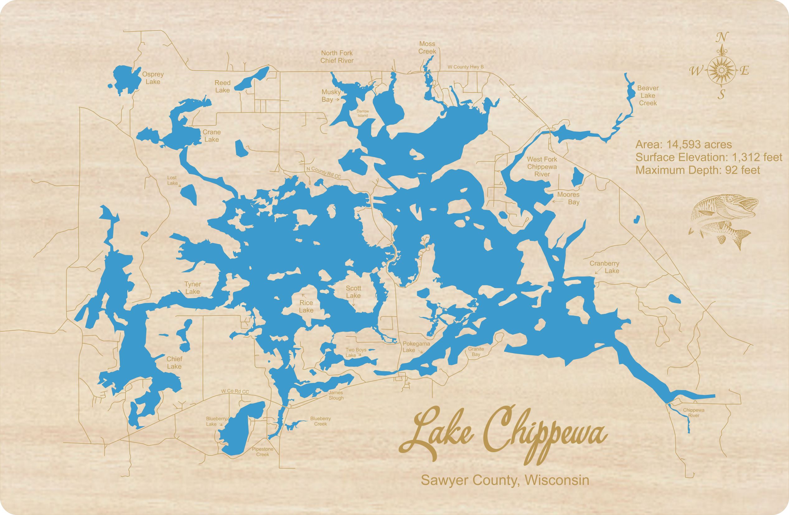 Lake Chippewa Wisconsin Laser Cut Wood Map