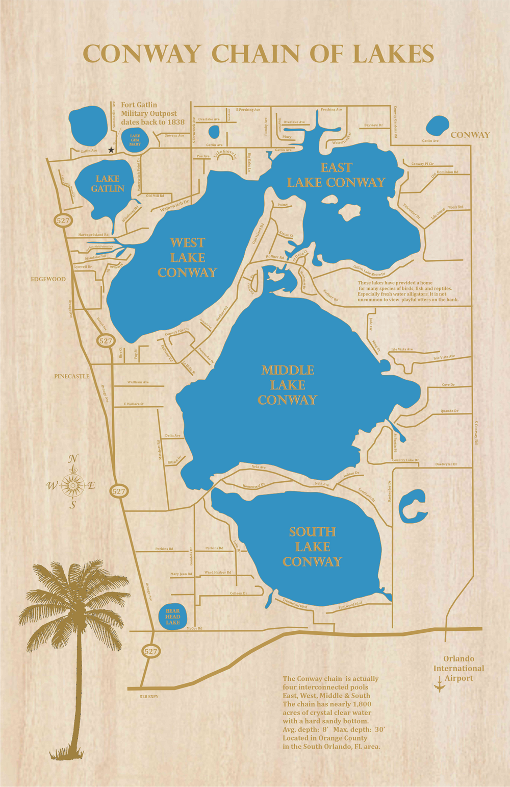 Conway Chain Of Lakes Florida Laser Cut Wood Map Personal 1000x 