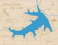 Council Grove City Lake, Kansas - Laser Cut Wood Map