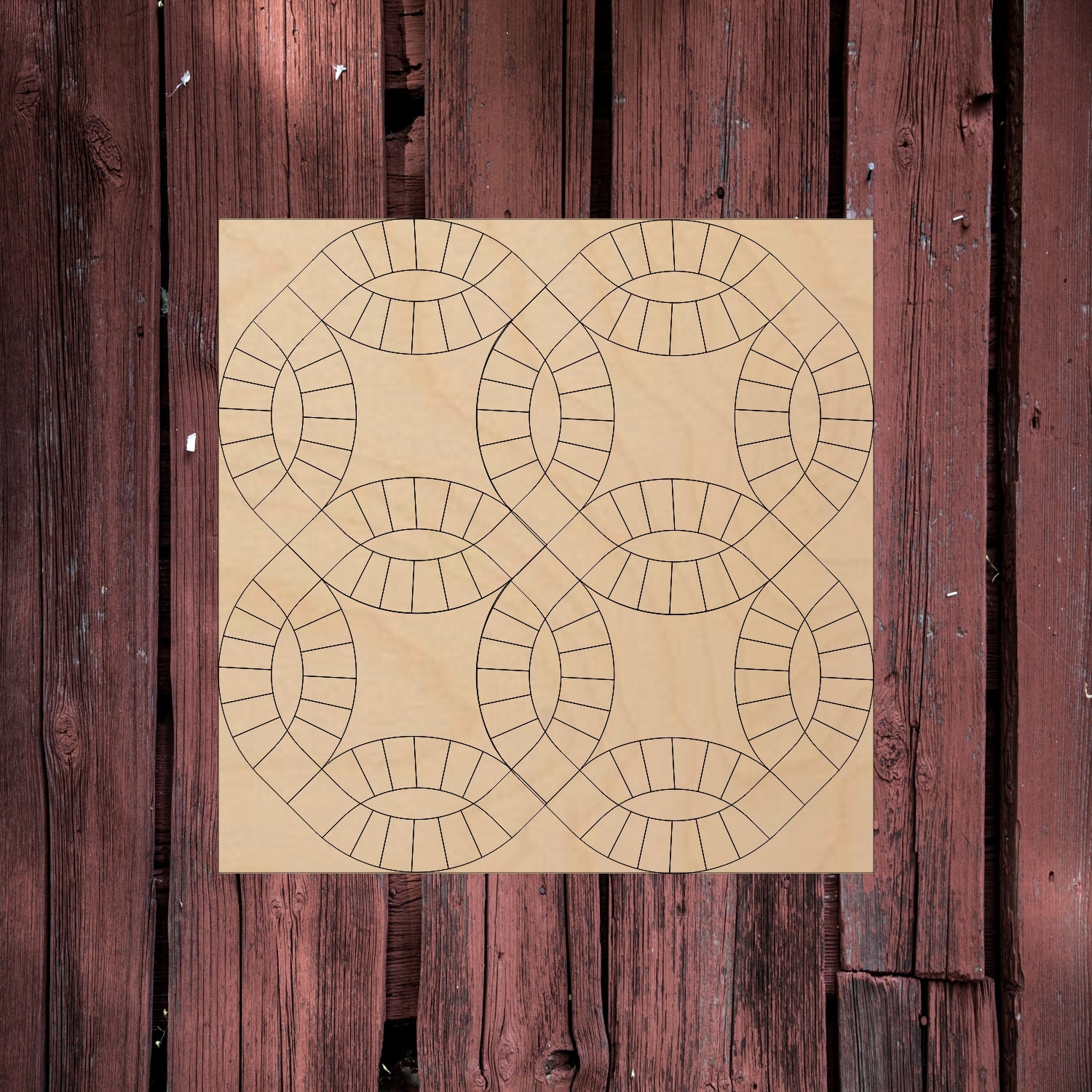 barn quilt patterns with symbolic meanings: Log Cabin for home, Double Wedding Ring for marriage, Sunbonnet Sue for grandmother