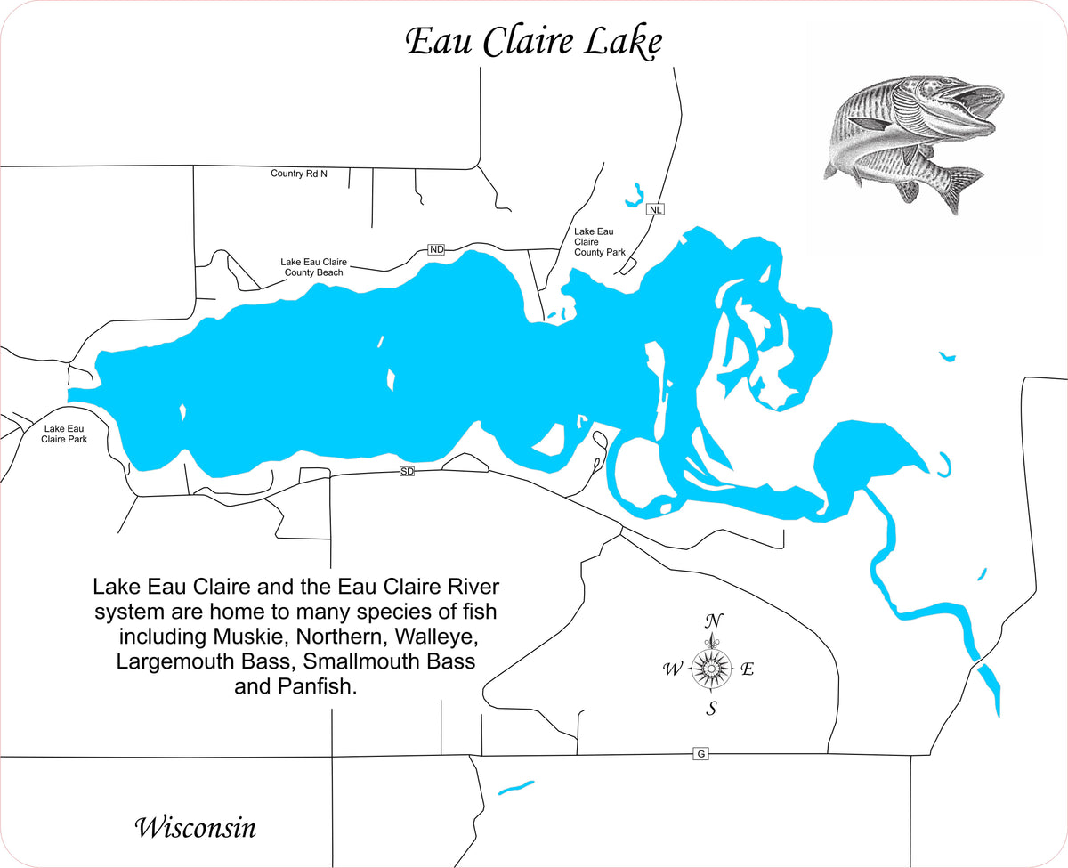 Lake Eau Claire, Wisconsin Laser Cut Wood Map Personal Handcrafted