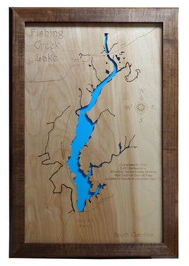 Fishing Creek Lake, South Carolina - Laser Cut Wood Map