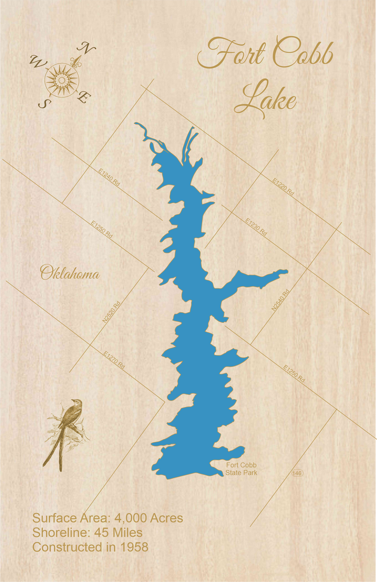 Fort Cobb Lake, Oklahoma Laser Cut Wood Map Personal Handcrafted