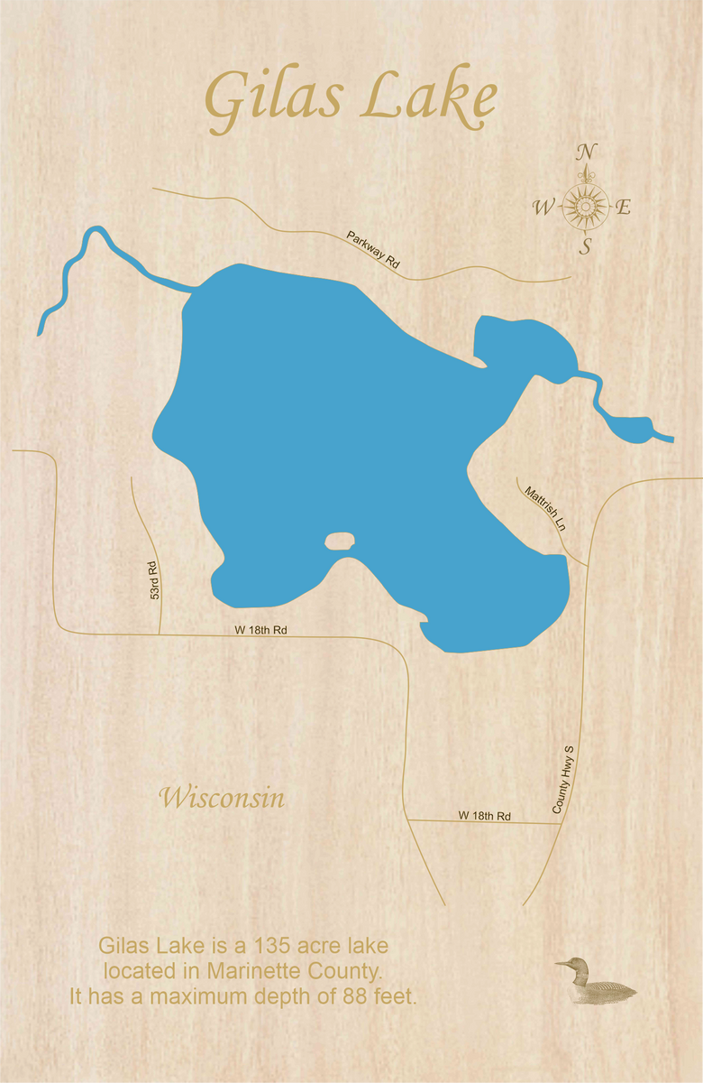 Gilas Lake, Wisconsin Laser Cut Wood Map Personal Handcrafted Displays