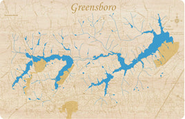 Greensboro, North Carolina with Lakes Townsend, Jeanette, Brandt and Higgins - Laser Cut Wood Map