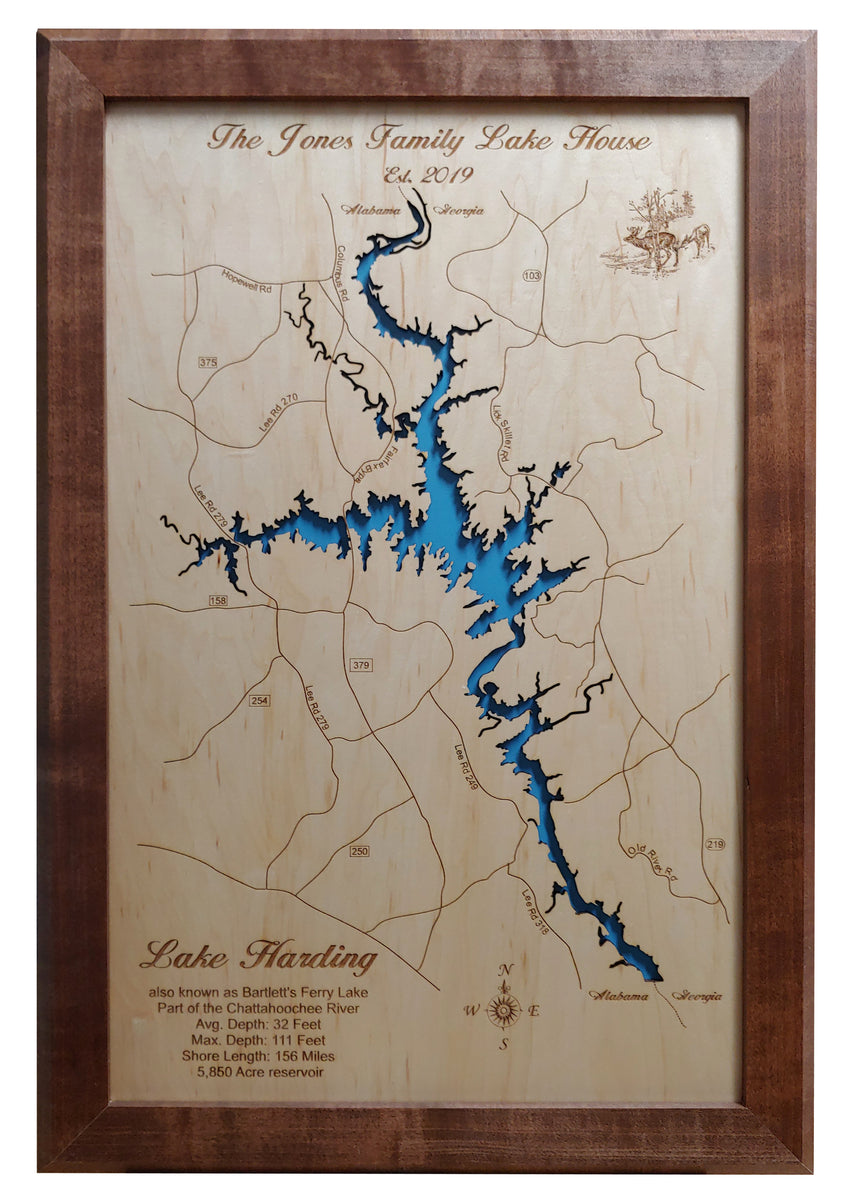 Lake Harding, Georgia - Laser Cut Wood Map| Personal Handcrafted Displays