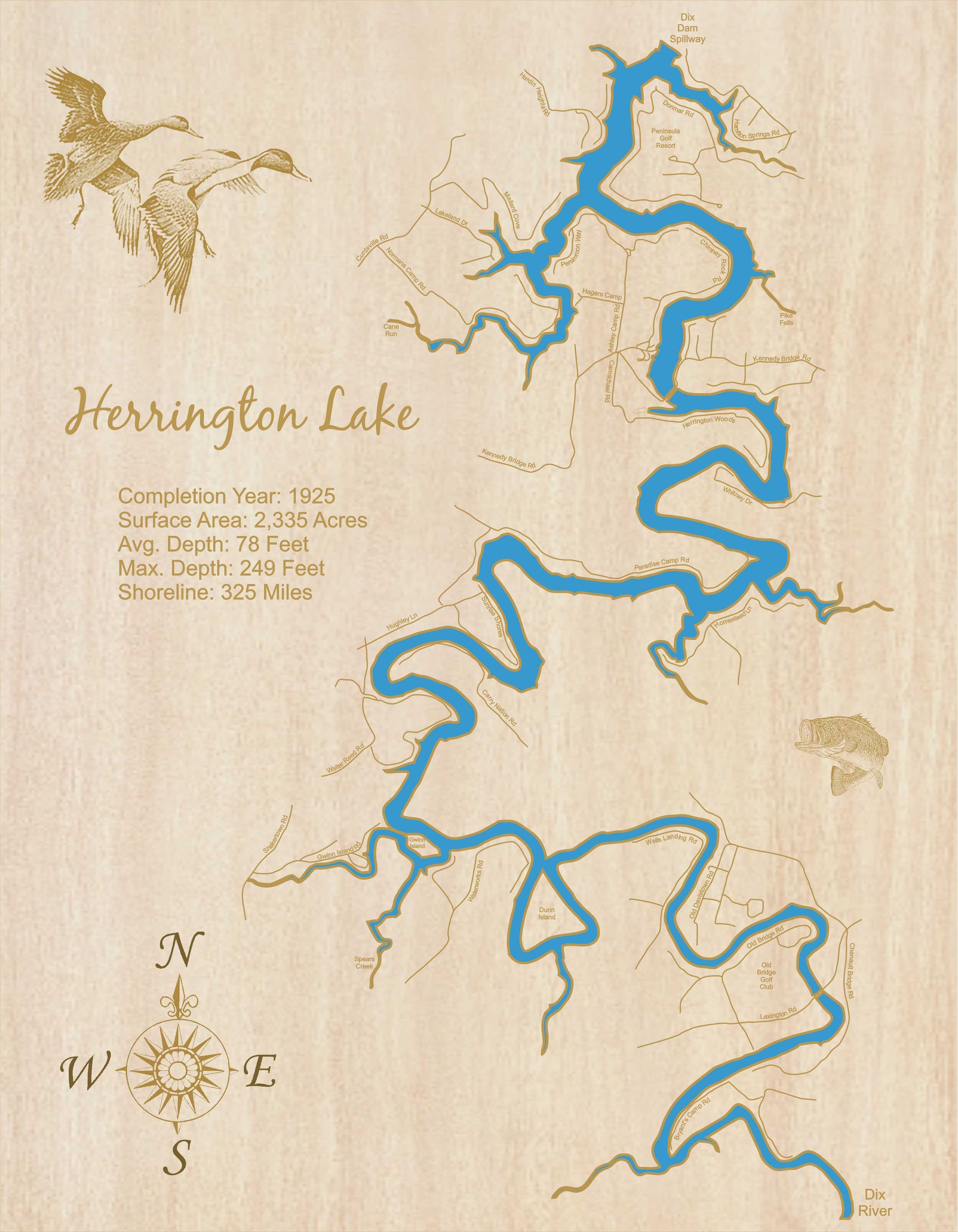Herrington Lake, Kentucky - Laser Cut Wood Map| Personal Handcrafted