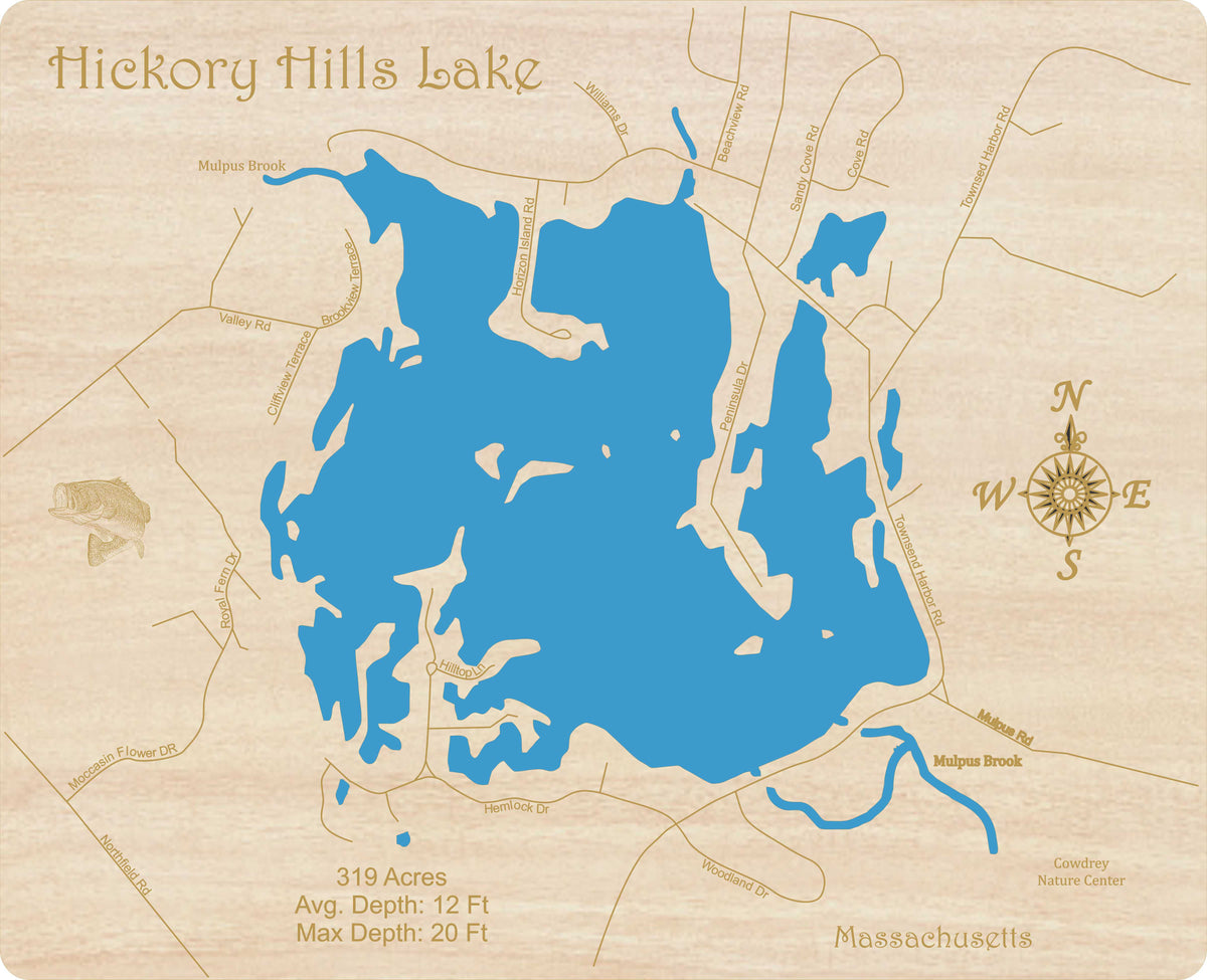 Hickory Hills Lake, Massachusetts Laser Cut Wood Map Personal