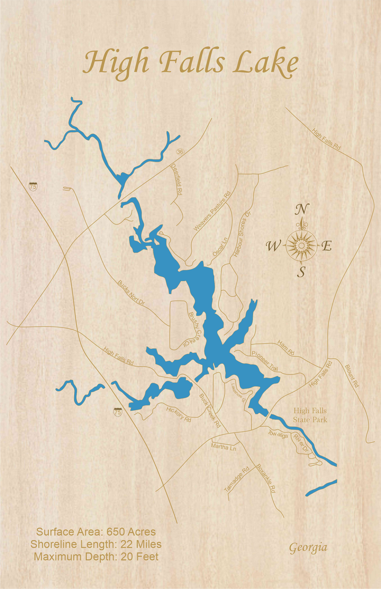 High Falls Lake, Laser Cut Wood Map Personal Handcrafted