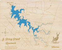 J. Percy Priest Reservoir, Tennessee - Laser Cut Wood Map
