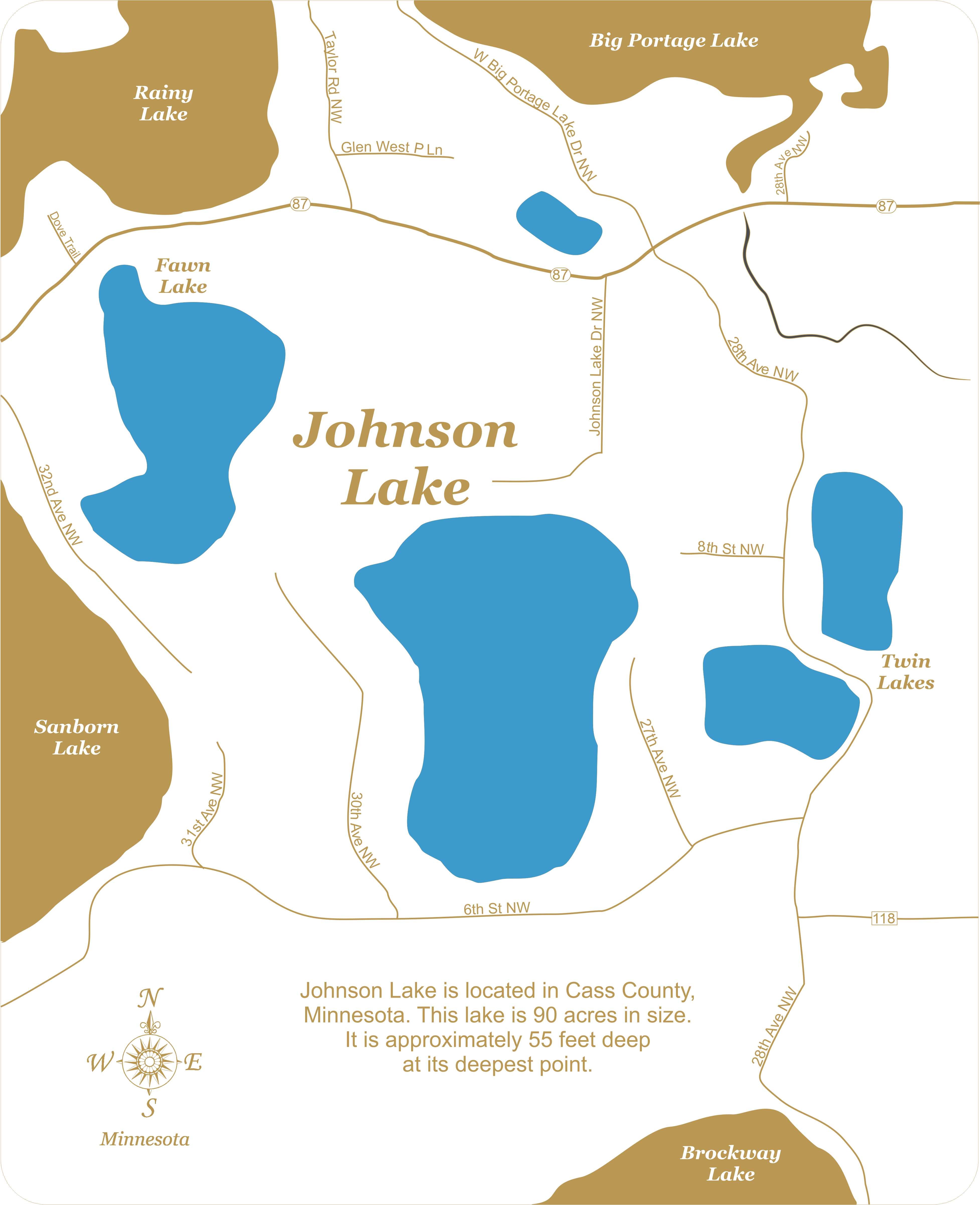 Johnson Lake, MN (Powers Township) - Laser Cut Wood Map| Personal