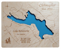 Lake Kanasatka, New Hampshire - Laser Cut Wood Map