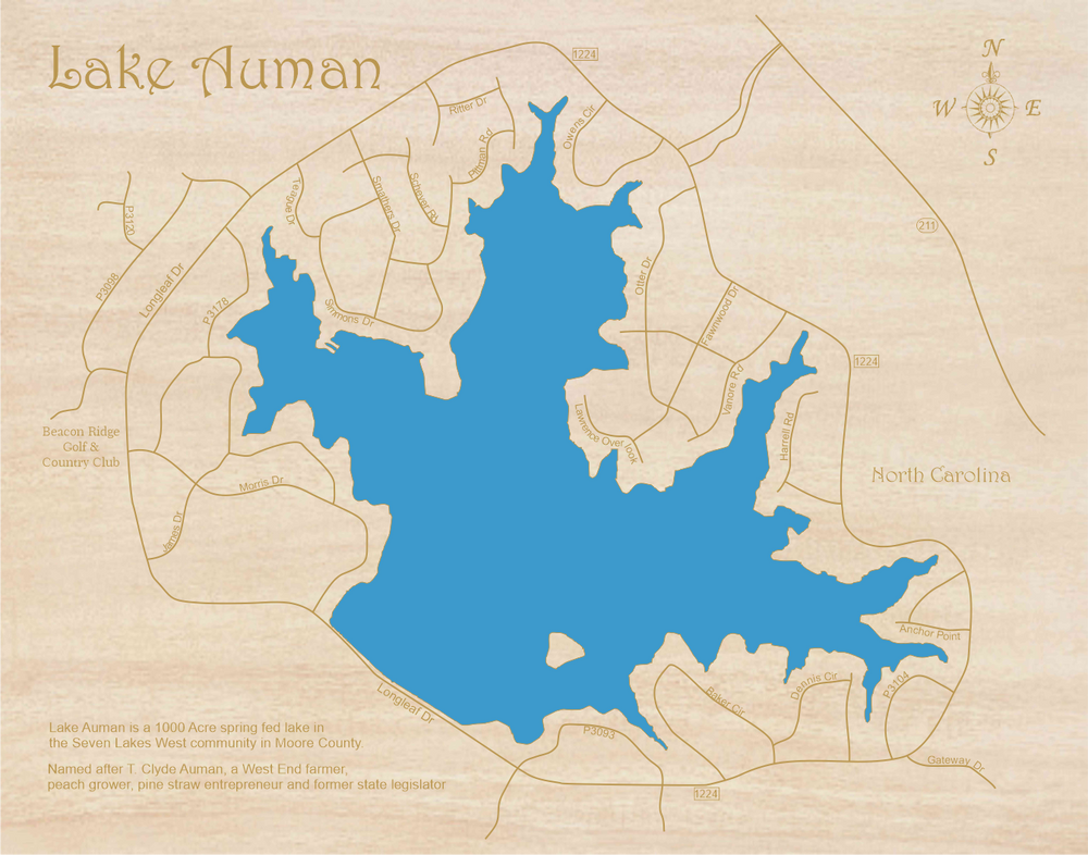 Lake Auman, North Carolina Laser Cut Wood Map Personal Handcrafted