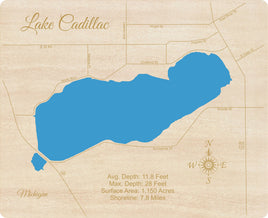 Lake Cadillac, Michigan - Laser Cut Wood Map
